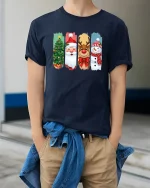 Christmas Characters Santa Reindeer Snowman Graphic T Shirt Fun Tee - model wearing navy tee with hands in pockets