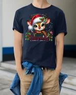 Cute Reindeer Merry Christmas Graphic T Shirt Festive Holiday Tee - model wearing navy tee with hands in pockets