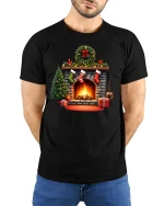 Cozy Christmas Fireplace Graphic T Shirt Holiday Home Warm Vibes Tee - model wearing black tee with hands behind back