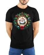 Santa Clock Christmas Wreath Graphic T Shirt Festive Holiday Tee - model wearing black tee with hands behind back