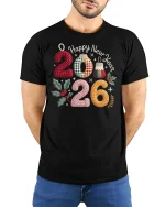 Happy New Year 2026 Knitted Numbers Graphic T Shirt Cozy Festive Tee - model wearing black tee with hands behind back