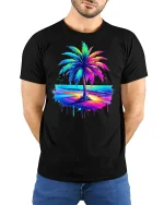 Neon Palm Tree Sunset Graphic T Shirt Tropical Beach Vibes Tee - model wearing black tee with hands behind back