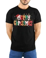 Merry Christmas Festive Typography Graphic T Shirt Cozy Holiday Tee - model wearing black tee with hands behind back