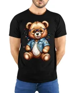Cute Teddy Bear With Glasses Graphic T Shirt Adorable Style Tee - model wearing black tee with hands behind back