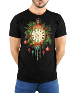 Vintage Christmas Clock Ornament Graphic T Shirt Festive Holiday Tee - model wearing black tee with hands behind back