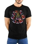 Cute Dachshund Christmas Tree Circle Graphic T Shirt Festive Tee - model wearing black tee with hands behind back
