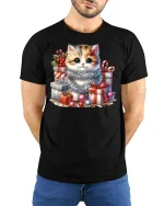Cute Christmas Kitten With Gift Boxes Graphic T Shirt Cozy Tee - model wearing black tee with hands behind back