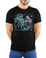 Neon Santa Christmas Gifts Graphic T Shirt Festive Holiday Glow Tee - model wearing black tee with hands behind back