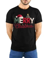 Merry Christmas Knitted Letter Graphic T Shirt Cozy Holiday Tee - model wearing black tee with hands behind back