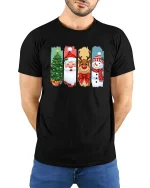 Christmas Characters Santa Reindeer Snowman Graphic T Shirt Fun Tee - model wearing black tee with hands behind back