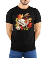 Autumn Piano Coffee Art Graphic T Shirt Cozy Music Lover Tee - model wearing black tee with hands behind back