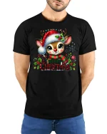 Cute Reindeer Merry Christmas Graphic T Shirt Festive Holiday Tee - model wearing black tee with hands behind back