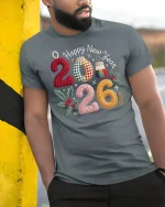 Happy New Year 2026 Knitted Numbers Graphic T Shirt Cozy Festive Tee - model wearing grey tee, leaning on column