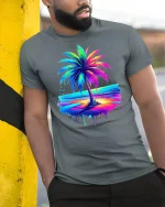 Neon Palm Tree Sunset Graphic T Shirt Tropical Beach Vibes Tee - model wearing grey tee, leaning on column