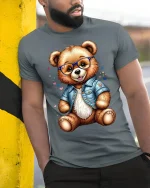 Cute Teddy Bear With Glasses Graphic T Shirt Adorable Style Tee - model wearing grey tee, leaning on column