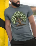 Money Tree Graphic T Shirt Wealth Growth Financial Vibes Tee - model wearing grey tee, leaning on column