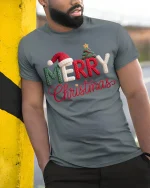 Merry Christmas Knitted Letter Graphic T Shirt Cozy Holiday Tee - model wearing grey tee, leaning on column