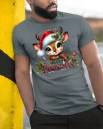 Cute Reindeer Merry Christmas Graphic T Shirt Festive Holiday Tee - model wearing grey tee, leaning on column