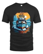 Vintage Fishing Boat Ocean Sunset Graphic T Shirt Nautical Art Tee - black t-shirt on white background