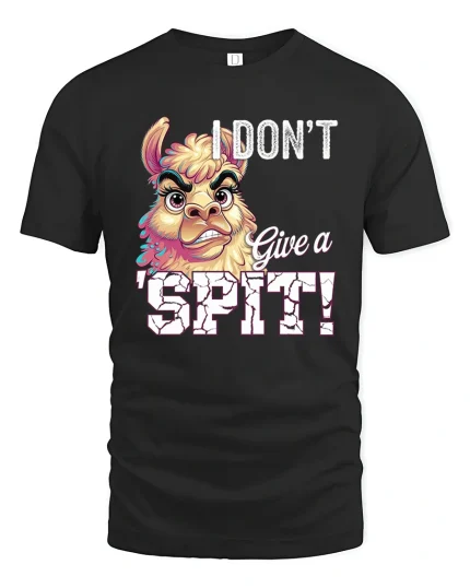 I Dont Give a Spit Funny Llama Attitude Graphic Tee Shirt - black t-shirt on white background