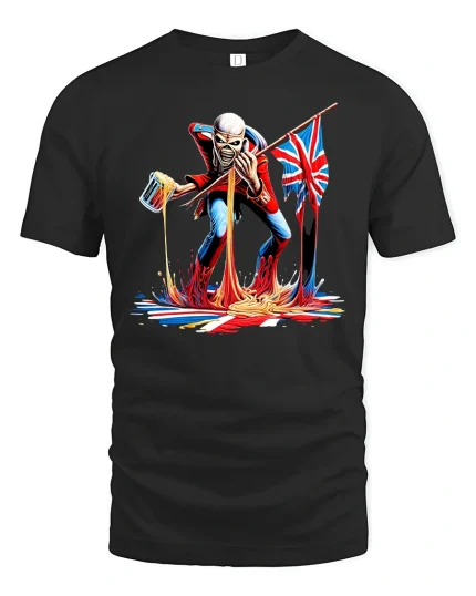 Rebel Punk Warrior Pouring Beer With British Flag Graphic Tee Shirt - black t-shirt on white background