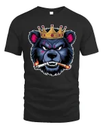 Crowned Savage Bear Smoking Cigar Fierce Attitude Graphic Tee Shirt - black t-shirt on white background