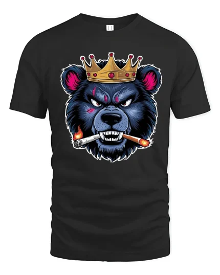 Crowned Savage Bear Smoking Cigar Fierce Attitude Graphic Tee Shirt - black t-shirt on white background