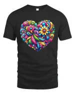 Colorful Floral Heart Art Graphic Tee With Vibrant Joyful Energy - black t-shirt on white background
