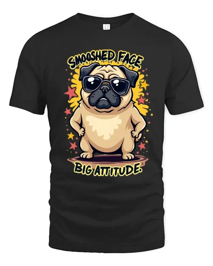 Smooshed Face Big Attitude Funny Pug Graphic Tee With Cool Vibes - black t-shirt on white background