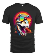 Cool Sunglasses T Rex Roar Graphic Tee With Retro Sunset Vibes - black t-shirt on white background