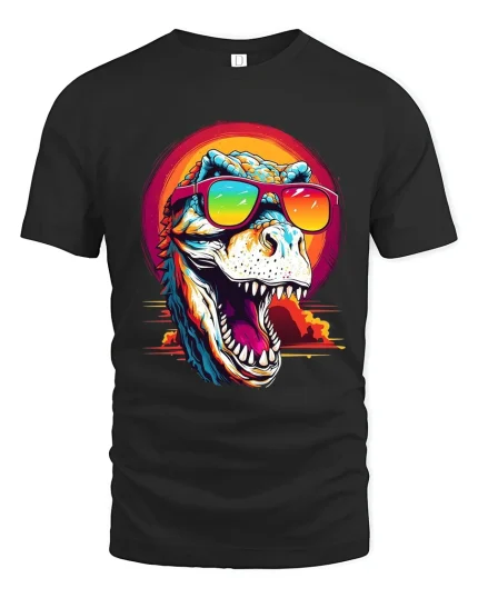 Cool Sunglasses T Rex Roar Graphic Tee With Retro Sunset Vibes - black t-shirt on white background