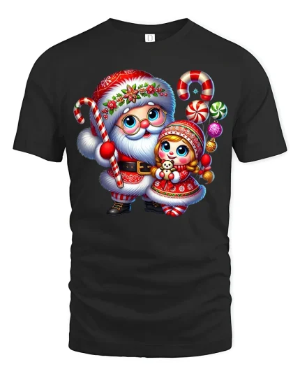 Cute Santa And Little Girl Christmas Candy Magic Graphic Tee - black t-shirt on white background