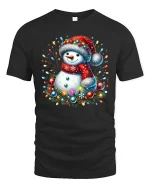 Cute Christmas Snowman With Lights Graphic T Shirt Festive Cheer Tee - black t-shirt on white background