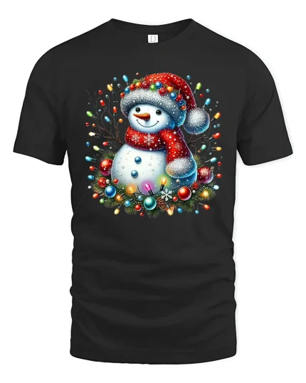 Cute Christmas Snowman With Lights Graphic T Shirt Festive Cheer Tee - black t-shirt on white background