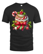 Festive Christmas Cupcake Candy Cane Holiday Delight Graphic Tee - black t-shirt on white background