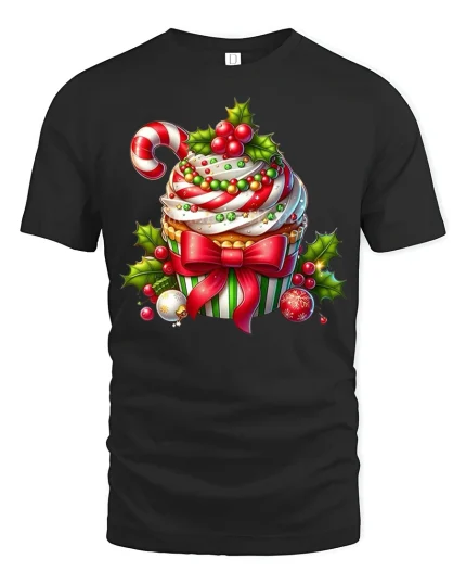 Festive Christmas Cupcake Candy Cane Holiday Delight Graphic Tee - black t-shirt on white background