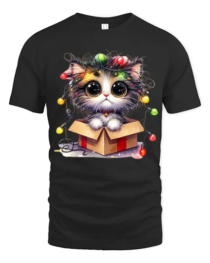 Cute Christmas Kitten In Gift Box With Twinkling Lights Graphic Tee - black t-shirt on white background
