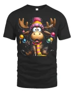 Funny Christmas Moose With Tangled Ornaments Festive Graphic Tee - black t-shirt on white background