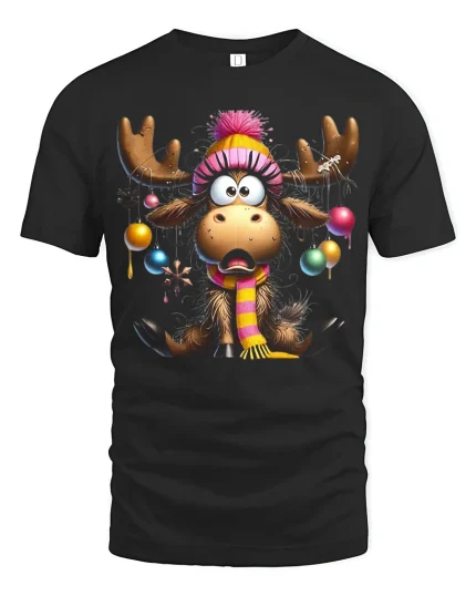 Funny Christmas Moose With Tangled Ornaments Festive Graphic Tee - black t-shirt on white background