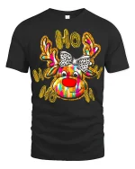 Ho Ho Ho Colorful Reindeer With Bow Funny Christmas Graphic Tee - black t-shirt on white background
