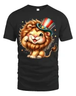 Cute Patriotic Lion With Uncle Sam Hat Funny Cartoon Graphic Tee - black t-shirt on white background