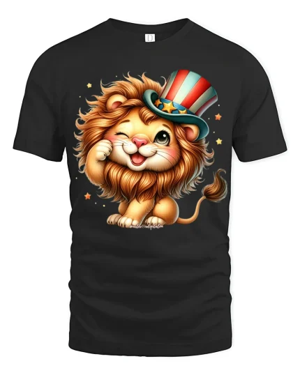 Cute Patriotic Lion With Uncle Sam Hat Funny Cartoon Graphic Tee - black t-shirt on white background