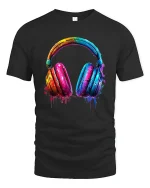Colorful Paint Splash Headphones Music Lover Artistic Graphic Tee - black t-shirt on white background