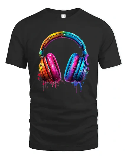 Colorful Paint Splash Headphones Music Lover Artistic Graphic Tee - black t-shirt on white background