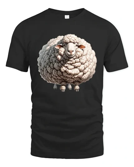 Funny Fluffy Sheep Graphic T Shirt Cute Woolly Animal Art Tee - black t-shirt on white background