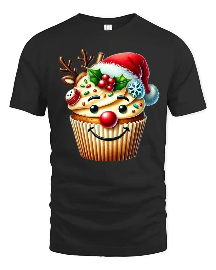 Funny Christmas Cupcake With Santa Hat Graphic T Shirt Sweet Tee - black t-shirt on white background