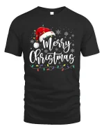 Merry Christmas Script With Santa Hat Graphic T Shirt Festive Tee - black t-shirt on white background