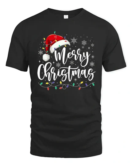 Merry Christmas Script With Santa Hat Graphic T Shirt Festive Tee - black t-shirt on white background