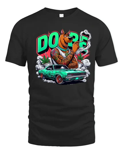 Dope Street Dog Muscle Car Graphic T Shirt Urban Cartoon Style - black t-shirt on white background