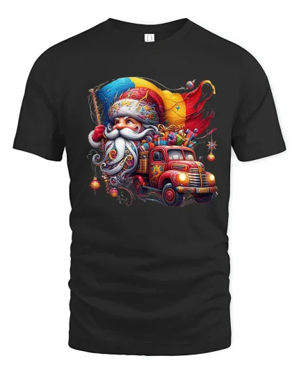 Santa Claus Driving Vintage Gift Truck Christmas Graphic T Shirt - black t-shirt on white background